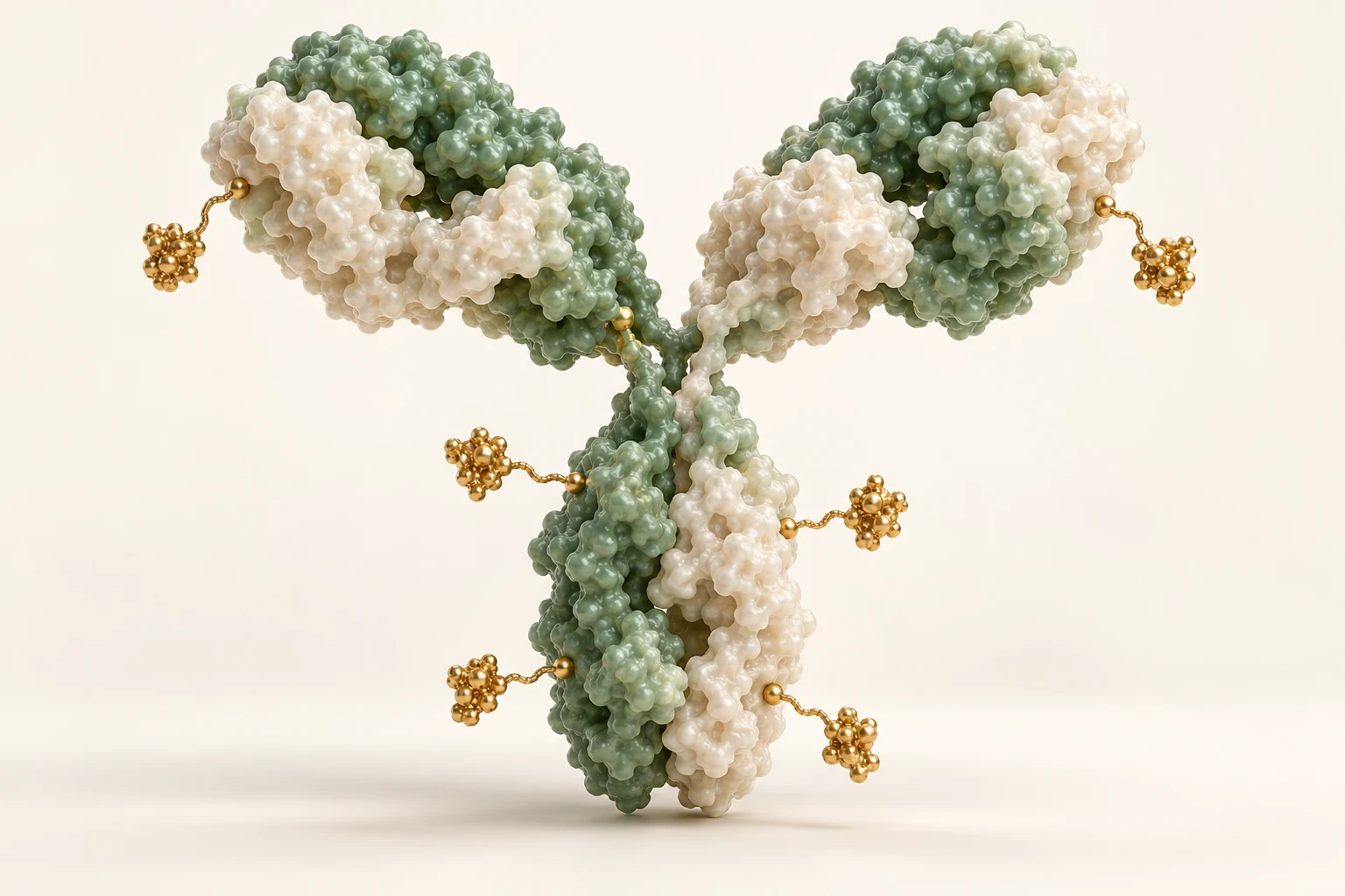 Antibody conjugated to gold therapeutic payloads, conceptual illustration