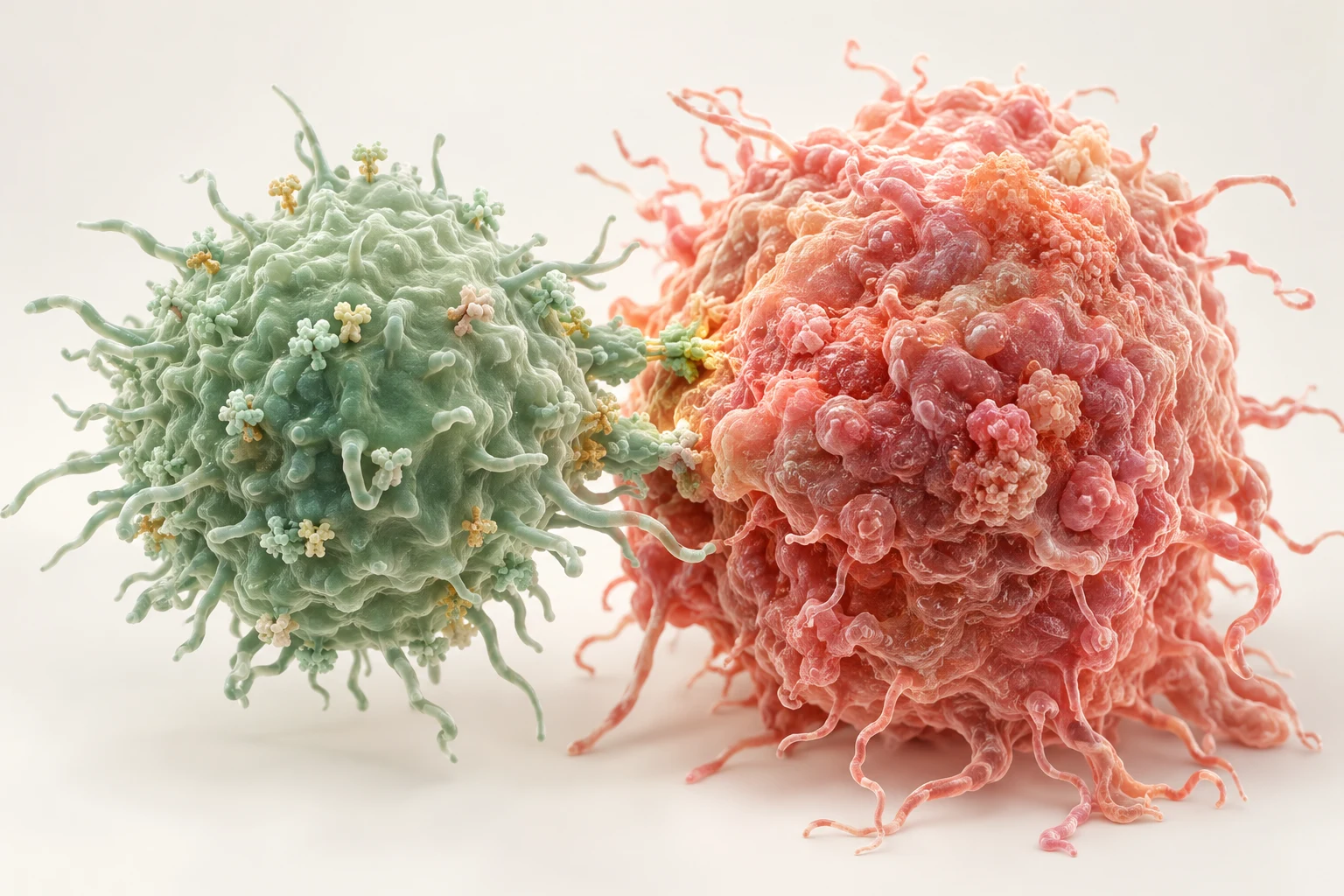 Engineered immune cell interacting with a tumor cell, conceptual illustration