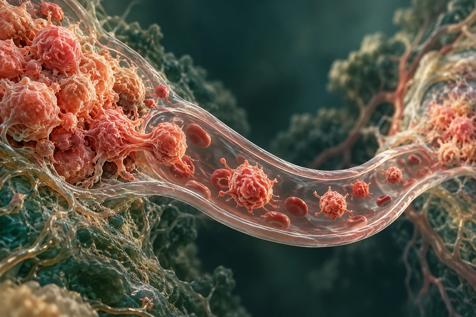 Conceptual illustration of tumor cells entering a blood vessel